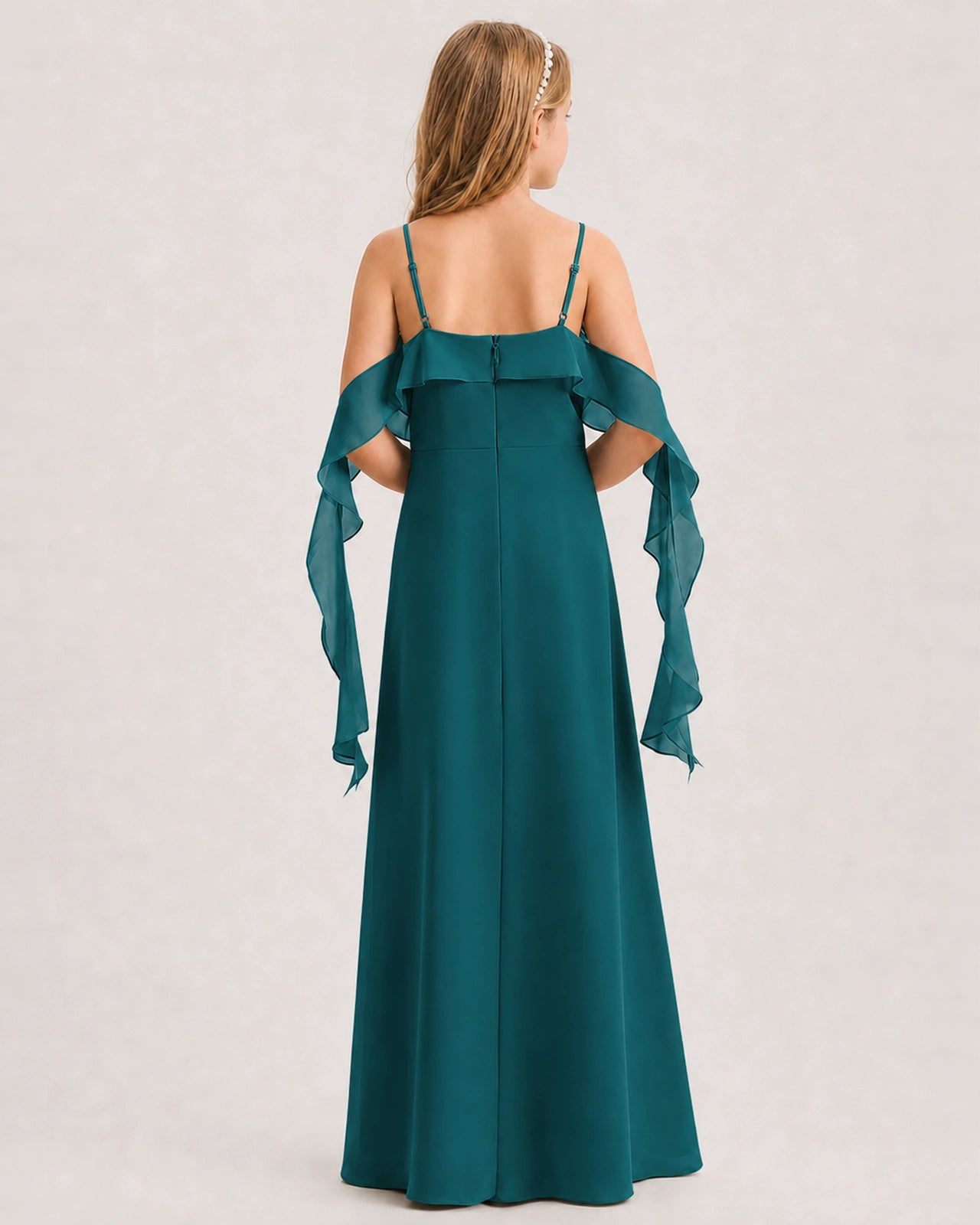 Peacock Junior Bridesmaid Dress Cold-Shoulder Ruffle Asymmetric Draped Slit Chiffon A-Line Gown Back Full View