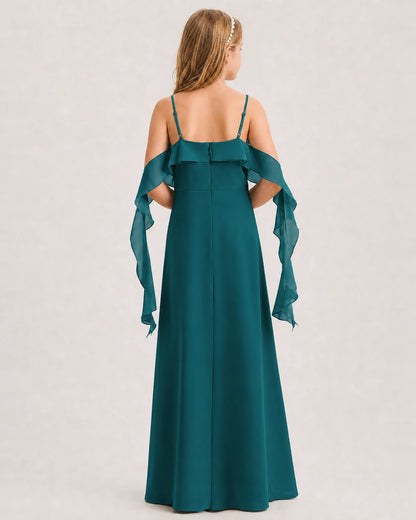Peacock Junior Bridesmaid Dress Cold-Shoulder Ruffle Asymmetric Draped Slit Chiffon A-Line Gown Back Full View