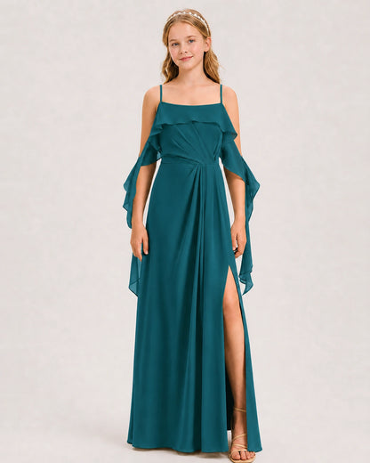 Peacock Junior Bridesmaid Dress Cold-Shoulder Ruffle Asymmetric Draped Slit Chiffon A-Line Gown Front Full View