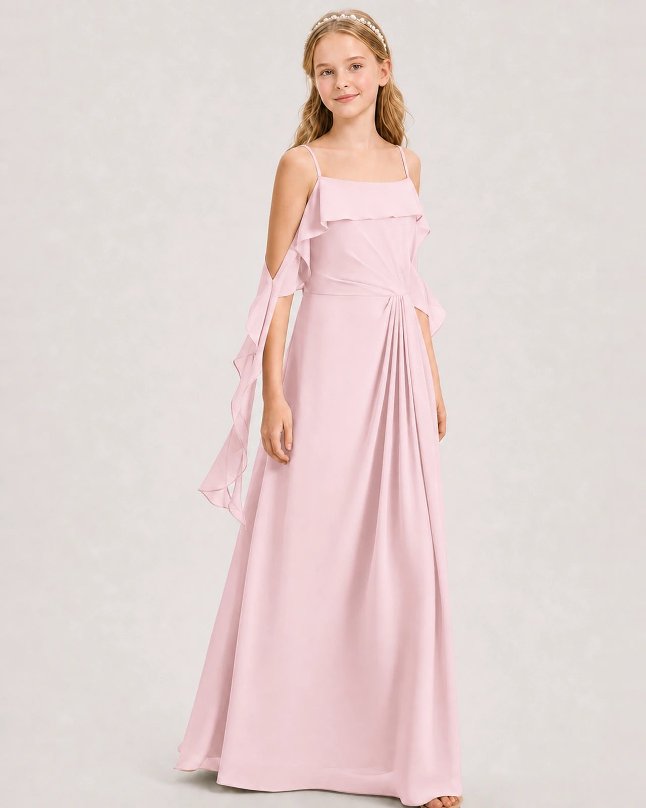 Pink Junior Bridesmaid Dress Cold-Shoulder Ruffle Asymmetric Draped Slit Chiffon A-Line Gown Front Full View