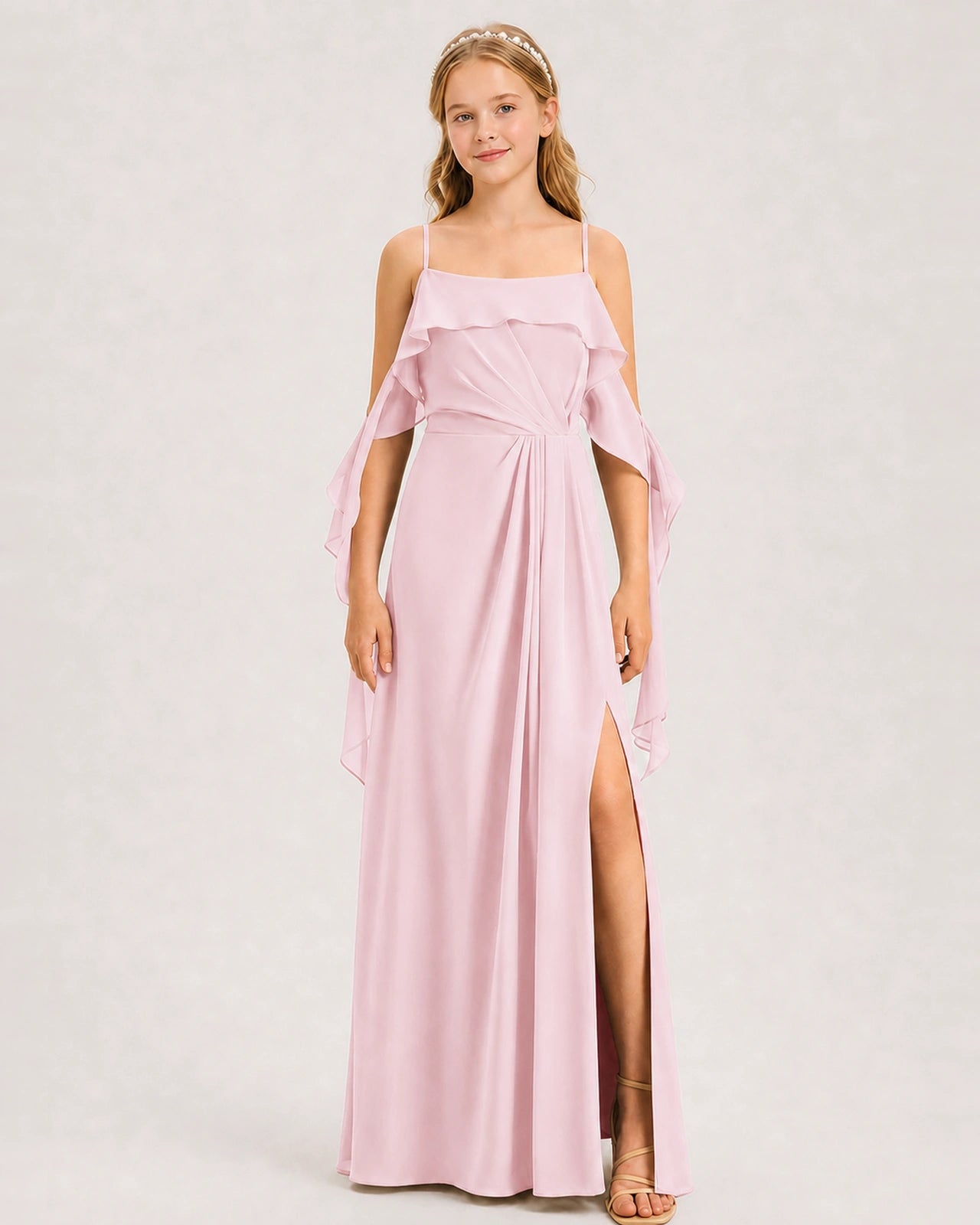 Pink Junior Bridesmaid Dress Cold-Shoulder Ruffle Asymmetric Draped Slit Chiffon A-Line Gown Front Full View