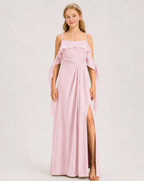 Pink Junior Bridesmaid Dress Cold-Shoulder Ruffle Asymmetric Draped Slit Chiffon A-Line Gown Front Full View