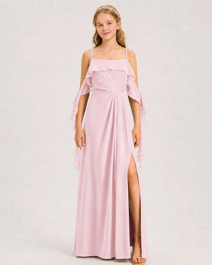 Pink Junior Bridesmaid Dress Cold-Shoulder Ruffle Asymmetric Draped Slit Chiffon A-Line Gown Front Full View