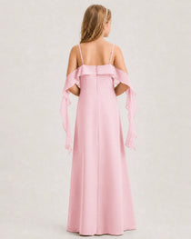 Pink Junior Bridesmaid Dress Cold-Shoulder Ruffle Asymmetric Draped Slit Chiffon A-Line Gown Back Full View