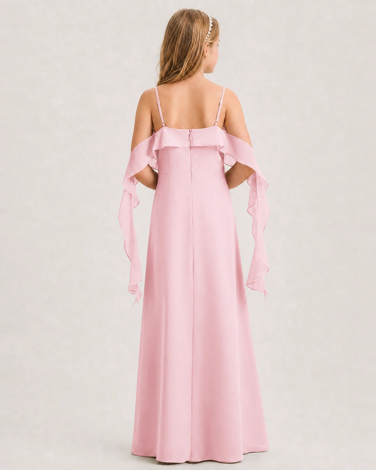 Pink Junior Bridesmaid Dress Cold-Shoulder Ruffle Asymmetric Draped Slit Chiffon A-Line Gown Back Full View