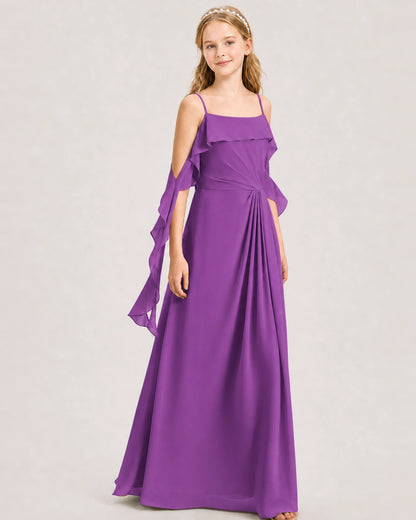Purple Junior Bridesmaid Dress Cold-Shoulder Ruffle Asymmetric Draped Slit Chiffon A-Line Gown Front Full View