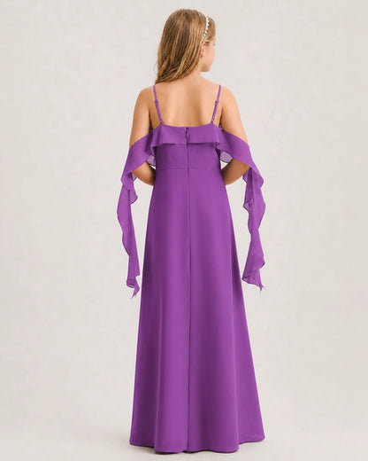 Purple Junior Bridesmaid Dress Cold-Shoulder Ruffle Asymmetric Draped Slit Chiffon A-Line Gown Back Full View