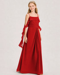 Red Junior Bridesmaid Dress Cold-Shoulder Ruffle Asymmetric Draped Slit Chiffon A-Line Gown Front Full View