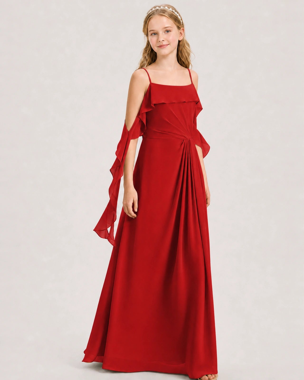 Red Junior Bridesmaid Dress Cold-Shoulder Ruffle Asymmetric Draped Slit Chiffon A-Line Gown Front Full View