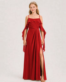 Red Junior Bridesmaid Dress Cold-Shoulder Ruffle Asymmetric Draped Slit Chiffon A-Line Gown Front Full View