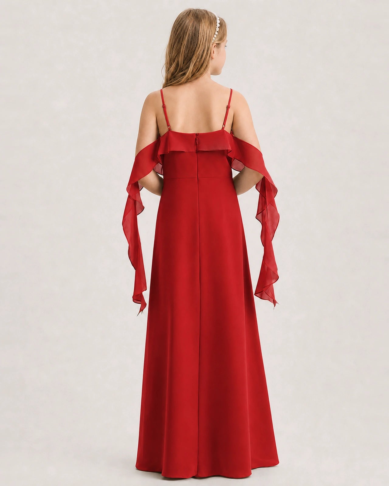 Red Junior Bridesmaid Dress Cold-Shoulder Ruffle Asymmetric Draped Slit Chiffon A-Line Gown Back Full View
