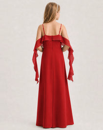 Red Junior Bridesmaid Dress Cold-Shoulder Ruffle Asymmetric Draped Slit Chiffon A-Line Gown Back Full View