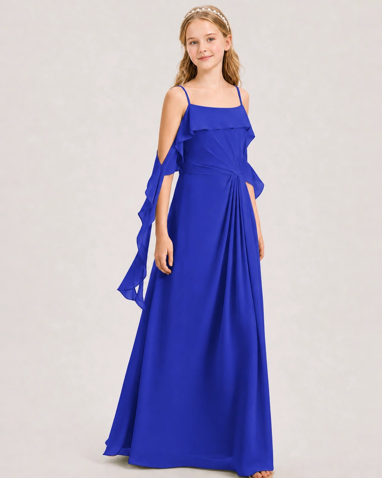 Royal Blue Junior Bridesmaid Dress Cold-Shoulder Ruffle Asymmetric Draped Slit Chiffon A-Line Gown Front Full View