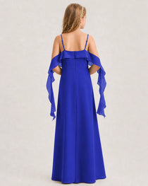 Royal Blue Junior Bridesmaid Dress Cold-Shoulder Ruffle Asymmetric Draped Slit Chiffon A-Line Gown BackFull View