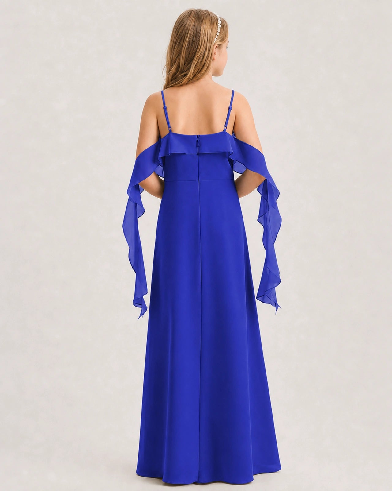 Royal Blue Junior Bridesmaid Dress Cold-Shoulder Ruffle Asymmetric Draped Slit Chiffon A-Line Gown BackFull View
