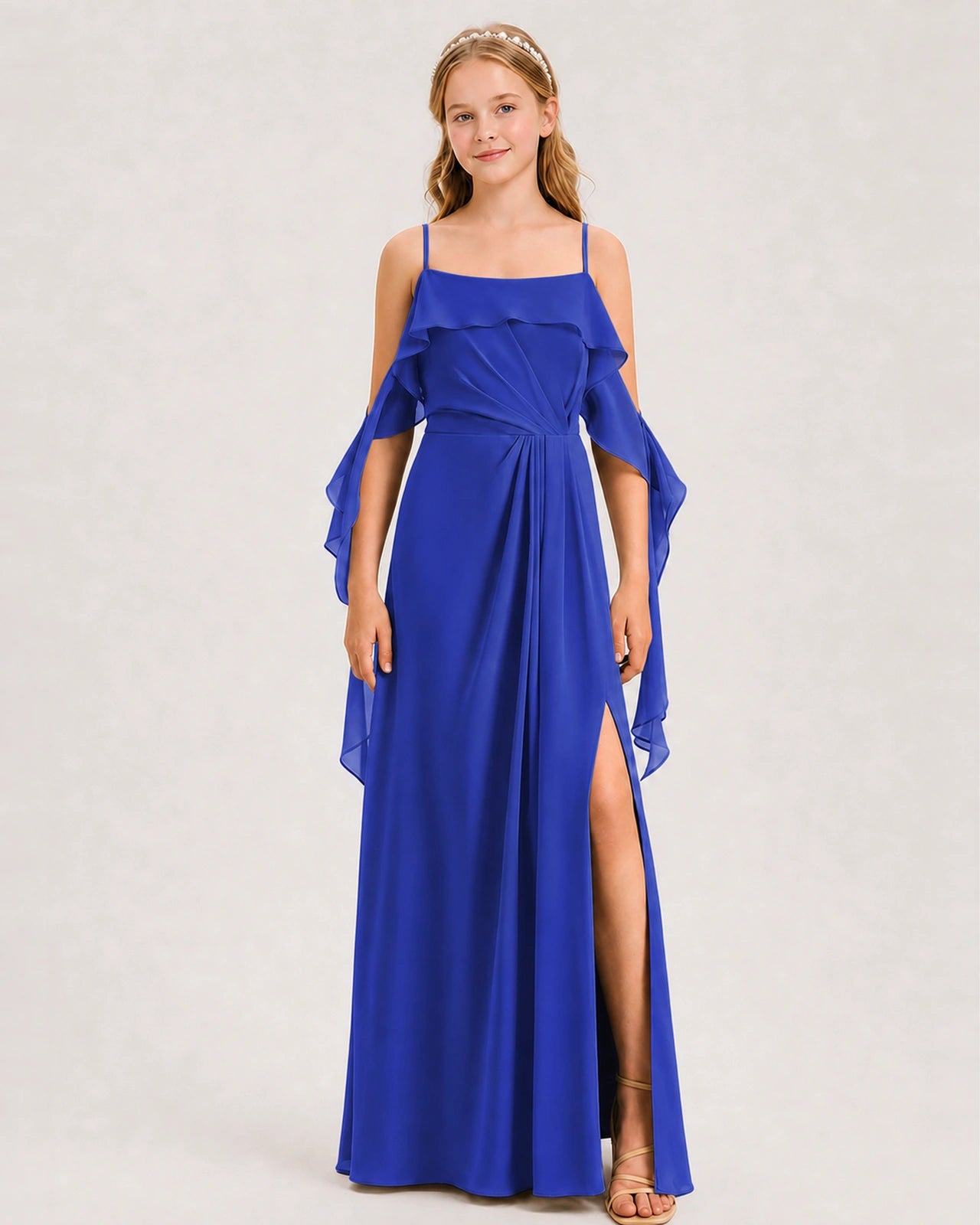 Royal Blue Junior Bridesmaid Dress Cold-Shoulder Ruffle Asymmetric Draped Slit Chiffon A-Line Gown Front Full View