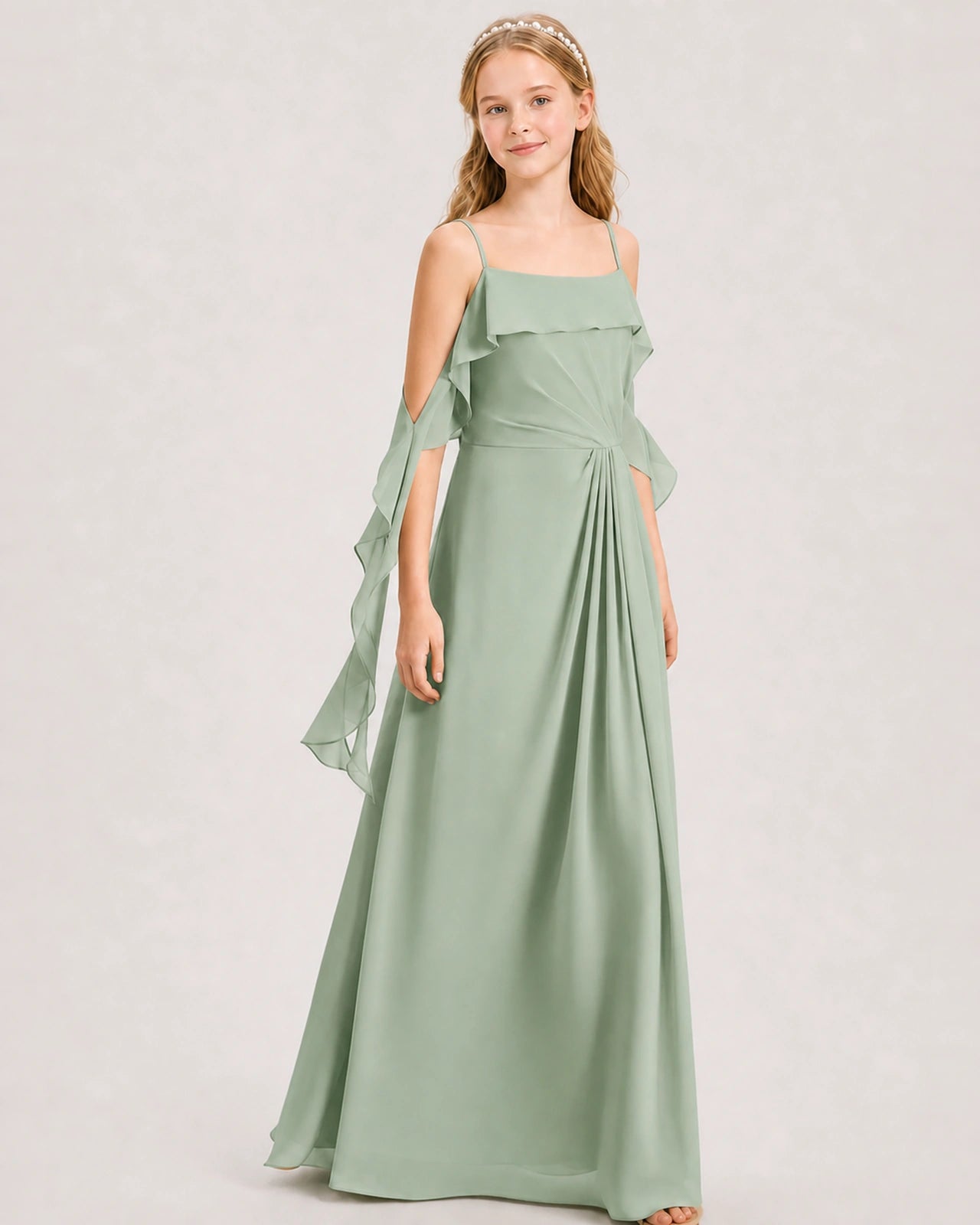 Sage Green Junior Bridesmaid Dress Cold-Shoulder Ruffle Asymmetric Draped Slit Chiffon A-Line Gown Front Full View