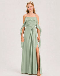 Sage Green Junior Bridesmaid Dress Cold-Shoulder Ruffle Asymmetric Draped Slit Chiffon A-Line Gown Front Full View