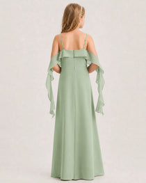 Sage Green Junior Bridesmaid Dress Cold-Shoulder Ruffle Asymmetric Draped Slit Chiffon A-Line Gown Back Full View