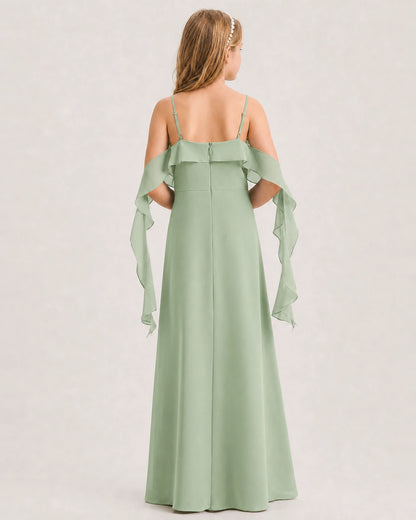 Sage Green Junior Bridesmaid Dress Cold-Shoulder Ruffle Asymmetric Draped Slit Chiffon A-Line Gown Back Full View