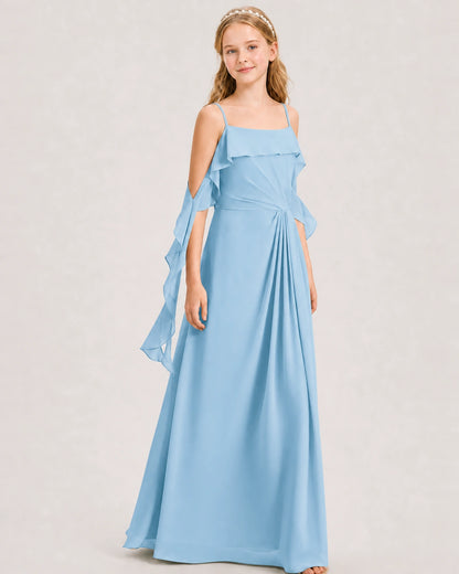 Sky Blue Junior Bridesmaid Dress Cold-Shoulder Ruffle Asymmetric Draped Slit Chiffon A-Line Gown Front Full View