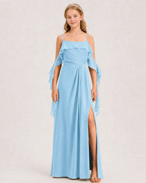 Sky Blue Junior Bridesmaid Dress Cold-Shoulder Ruffle Asymmetric Draped Slit Chiffon A-Line Gown Front Full View