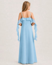 Sky Blue Junior Bridesmaid Dress Cold-Shoulder Ruffle Asymmetric Draped Slit Chiffon A-Line Gown Back Full View