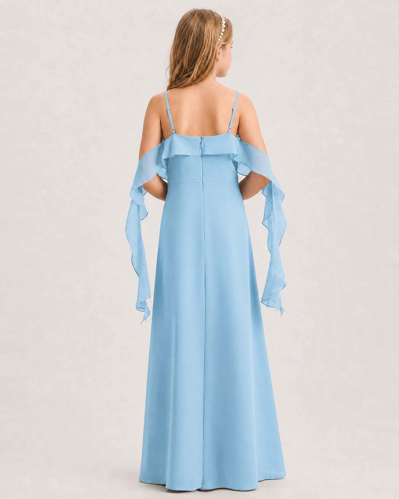 Sky Blue Junior Bridesmaid Dress Cold-Shoulder Ruffle Asymmetric Draped Slit Chiffon A-Line Gown Back Full View