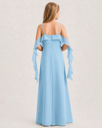 Sky Blue Junior Bridesmaid Dress Cold-Shoulder Ruffle Asymmetric Draped Slit Chiffon A-Line Gown Back Full View