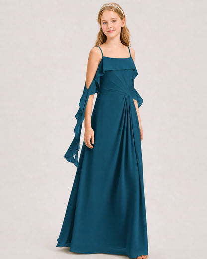 Peacock Junior Bridesmaid Dress Cold-Shoulder Ruffle Asymmetric Draped Slit Chiffon A-Line Gown Front Full View