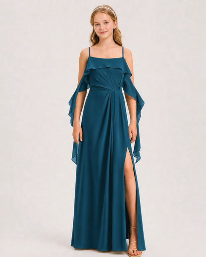 Teal Junior Bridesmaid Dress Cold-Shoulder Ruffle Asymmetric Draped Slit Chiffon A-Line Gown Front Full View