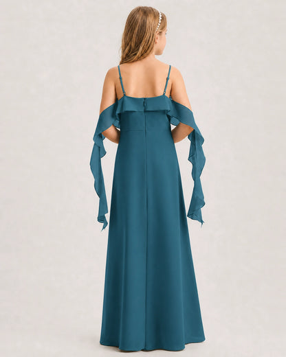Teal Junior Bridesmaid Dress Cold-Shoulder Ruffle Asymmetric Draped Slit Chiffon A-Line Gown Back Full View