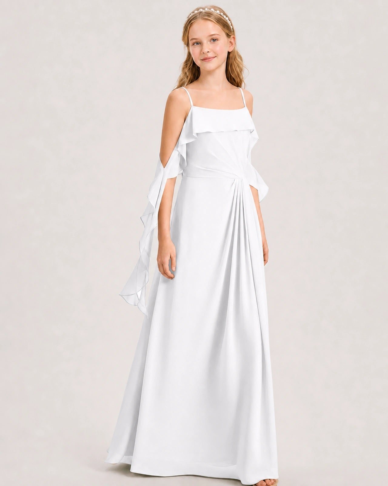 White Junior Bridesmaid Dress Cold-Shoulder Ruffle Asymmetric Draped Slit Chiffon A-Line Gown Front Full View
