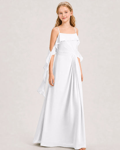 White Junior Bridesmaid Dress Cold-Shoulder Ruffle Asymmetric Draped Slit Chiffon A-Line Gown Front Full View