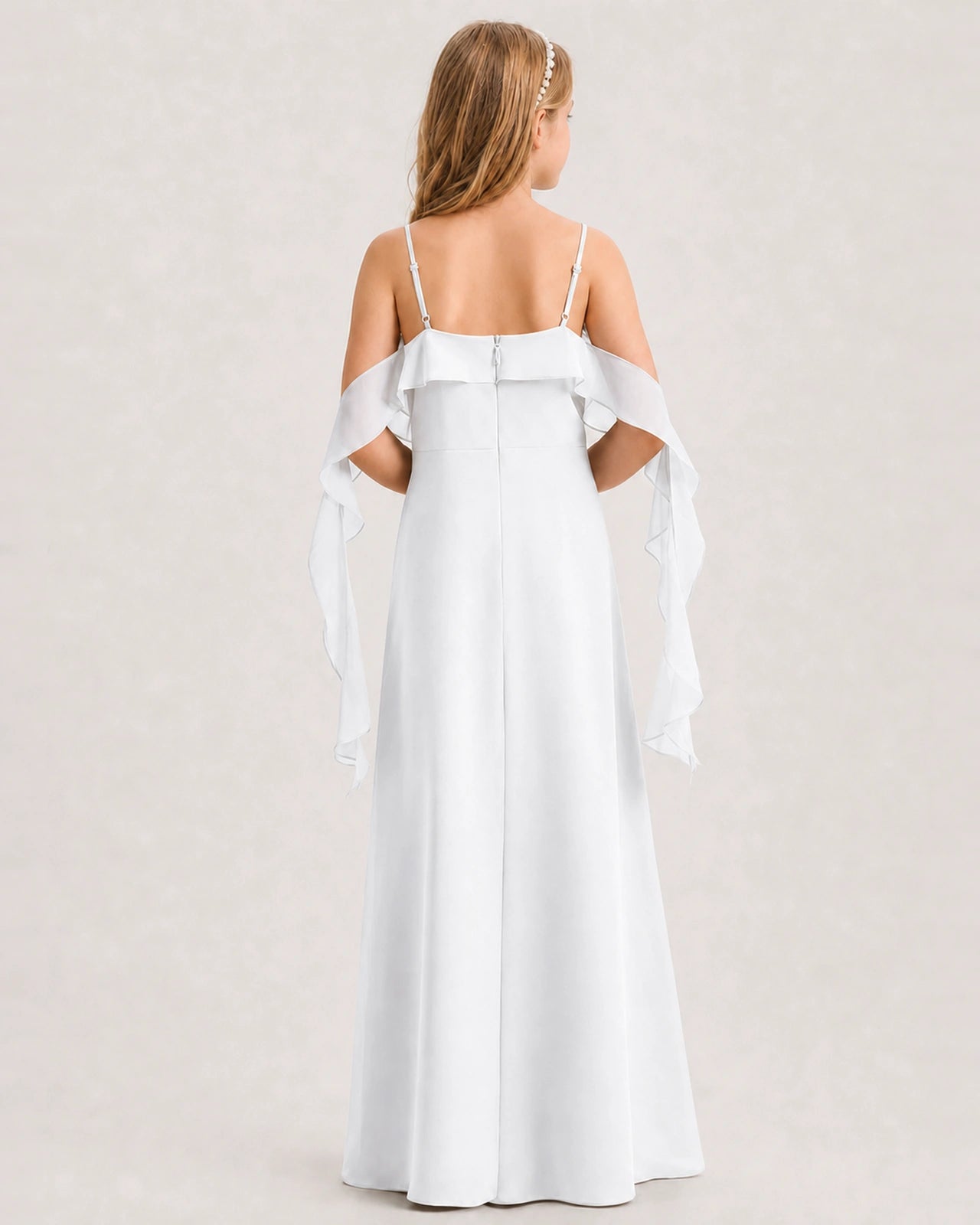White Junior Bridesmaid Dress Cold-Shoulder Ruffle Asymmetric Draped Slit Chiffon A-Line Gown Back Full View
