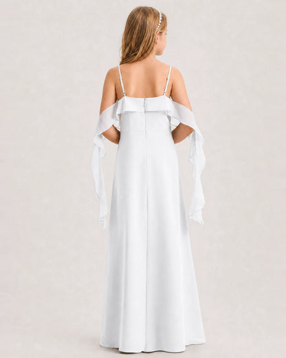 White Junior Bridesmaid Dress Cold-Shoulder Ruffle Asymmetric Draped Slit Chiffon A-Line Gown Back Full View