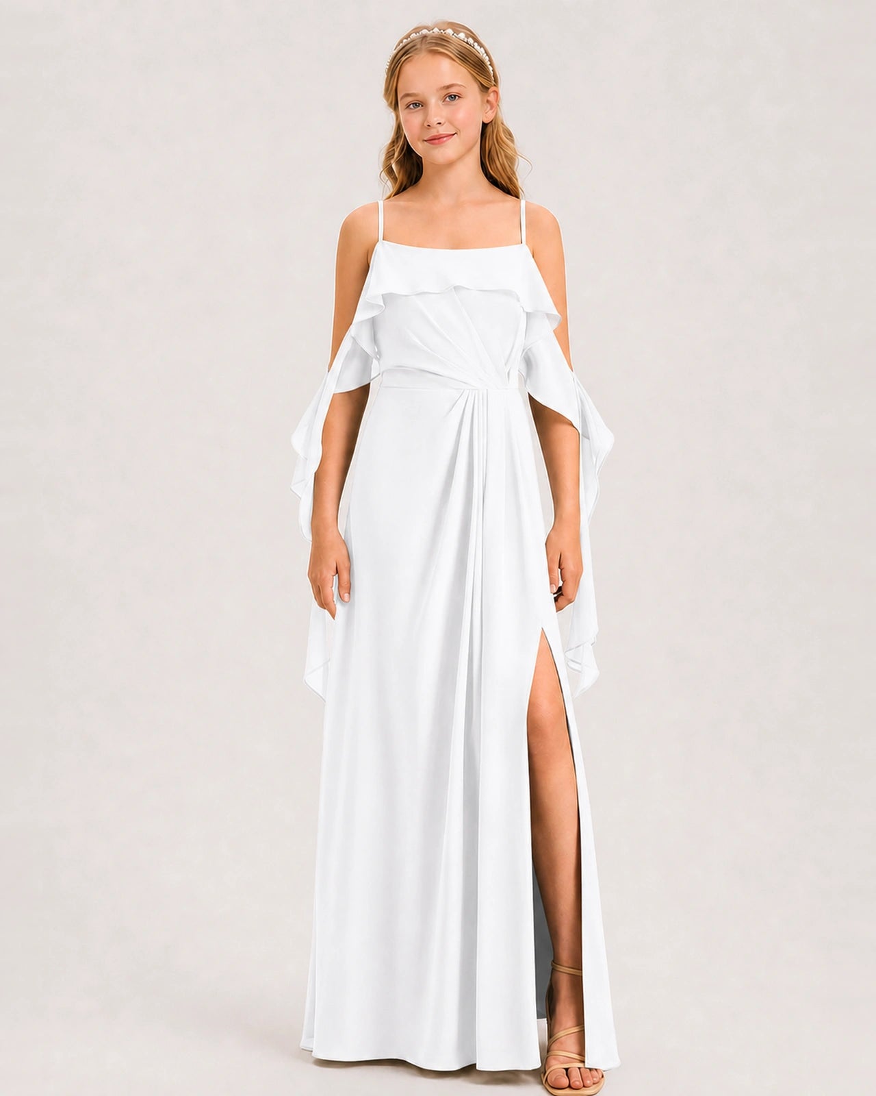 White Junior Bridesmaid Dress Cold-Shoulder Ruffle Asymmetric Draped Slit Chiffon A-Line Gown Front Full View
