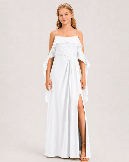 White Junior Bridesmaid Dress Cold-Shoulder Ruffle Asymmetric Draped Slit Chiffon A-Line Gown Front Full View