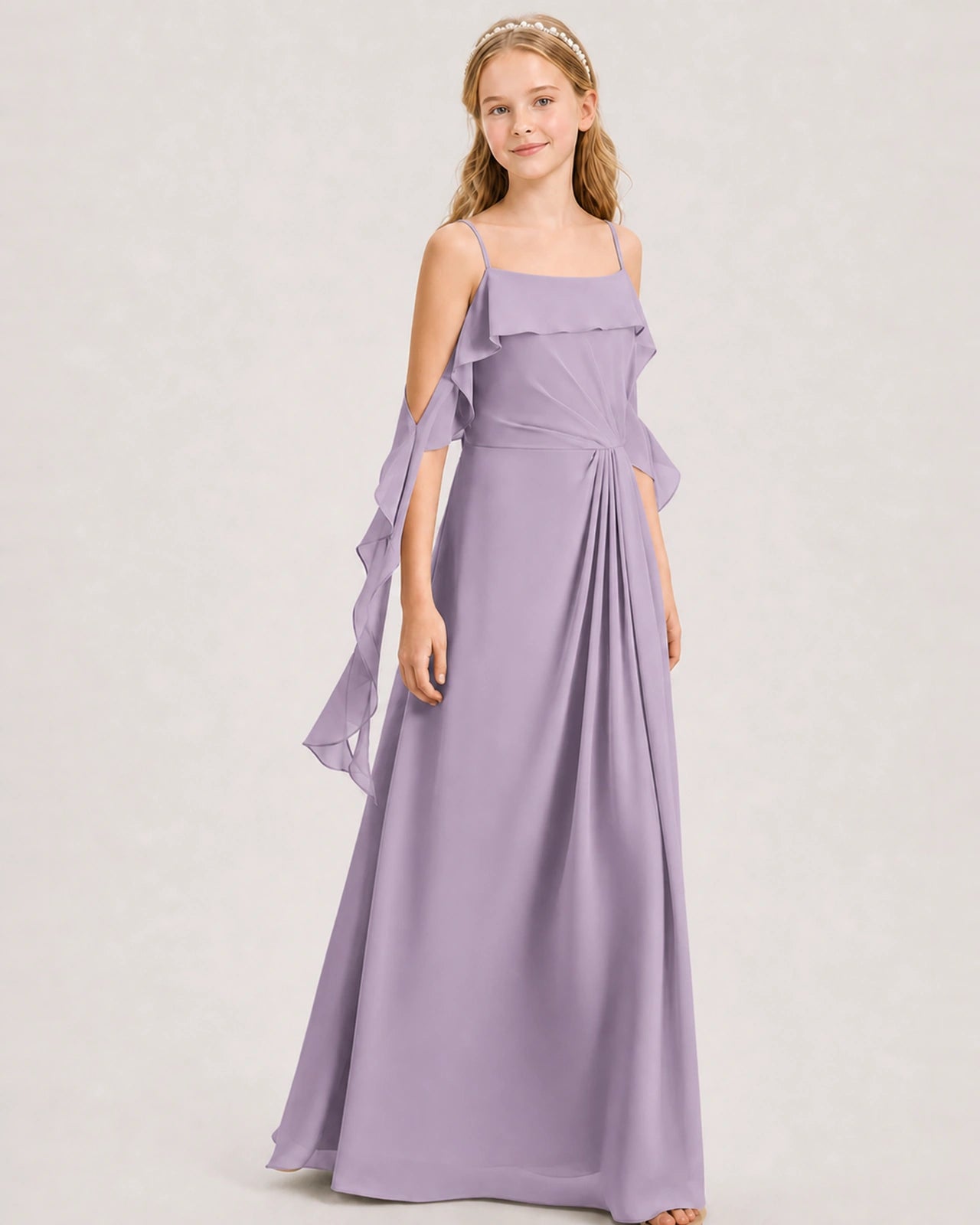 Wisteria Junior Bridesmaid Dress Cold-Shoulder Ruffle Asymmetric Draped Slit Chiffon A-Line Gown Front Full View