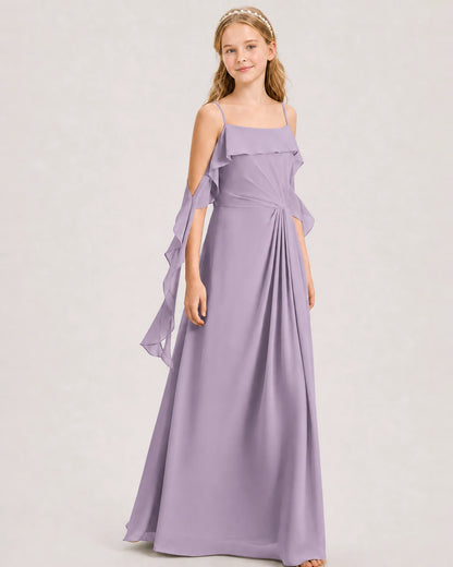 Wisteria Junior Bridesmaid Dress Cold-Shoulder Ruffle Asymmetric Draped Slit Chiffon A-Line Gown Front Full View