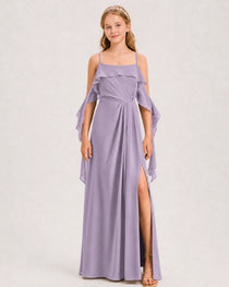 Wisteria Junior Bridesmaid Dress Cold-Shoulder Ruffle Asymmetric Draped Slit Chiffon A-Line Gown Front Full View