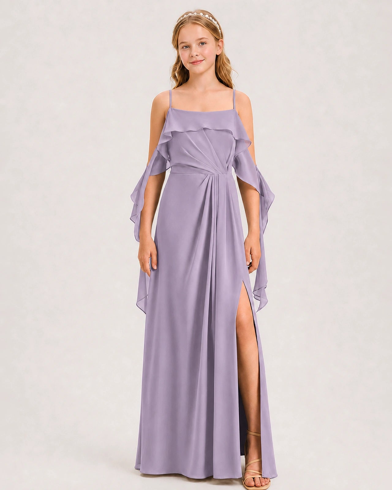 Wisteria Junior Bridesmaid Dress Cold-Shoulder Ruffle Asymmetric Draped Slit Chiffon A-Line Gown Front Full View