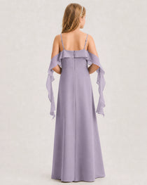 Wisteria Junior Bridesmaid Dress Cold-Shoulder Ruffle Asymmetric Draped Slit Chiffon A-Line Gown Back Full View