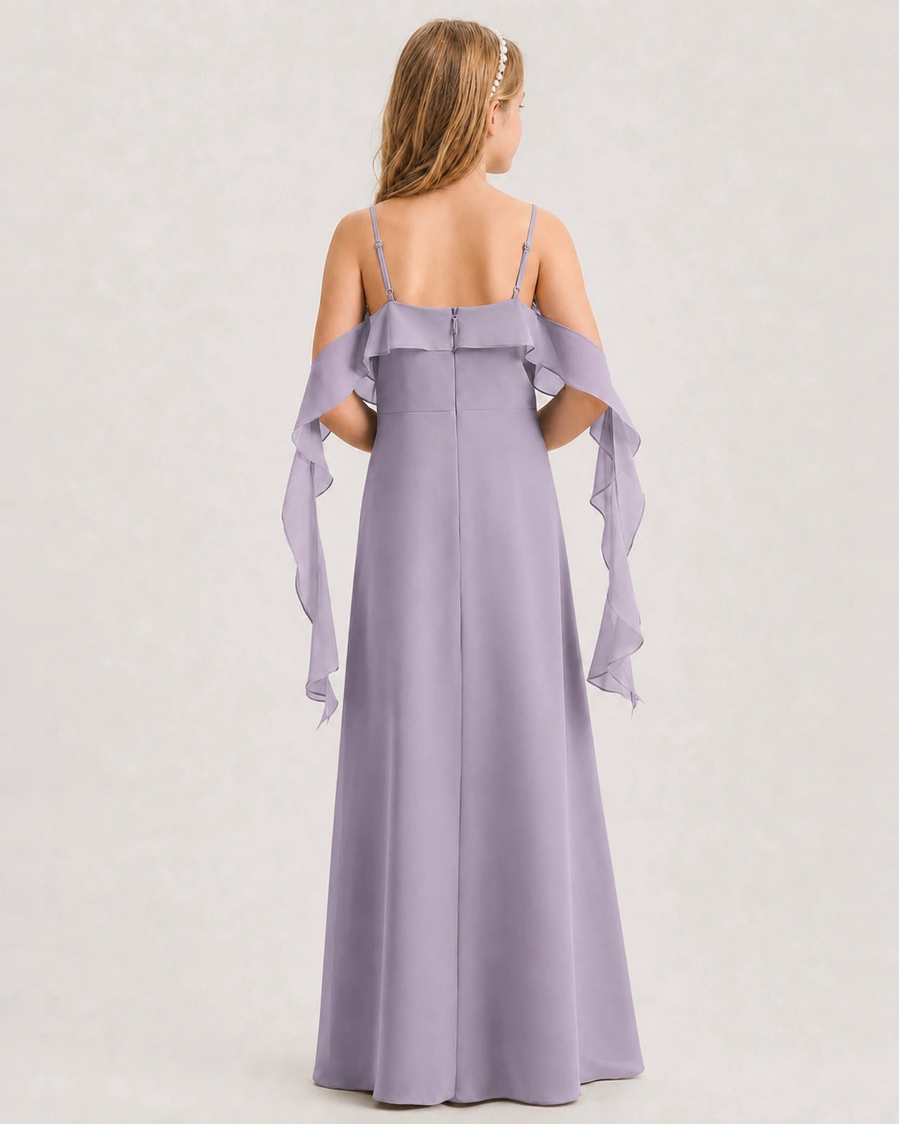 Wisteria Junior Bridesmaid Dress Cold-Shoulder Ruffle Asymmetric Draped Slit Chiffon A-Line Gown Back Full View