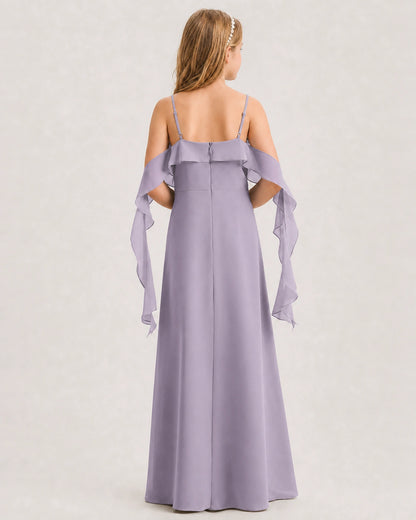 Wisteria Junior Bridesmaid Dress Cold-Shoulder Ruffle Asymmetric Draped Slit Chiffon A-Line Gown Back Full View