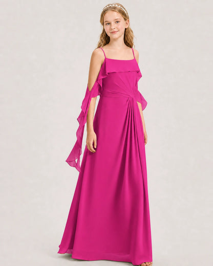Hot Pink Junior Bridesmaid Dress Cold-Shoulder Ruffle Asymmetric Draped Slit Chiffon A-Line Gown Front Full View