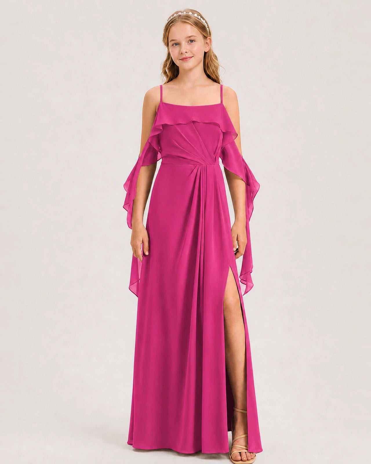Hot Pink Junior Bridesmaid Dress Cold-Shoulder Ruffle Asymmetric Draped Slit Chiffon A-Line Gown Front Full View