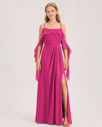 Hot Pink Junior Bridesmaid Dress Cold-Shoulder Ruffle Asymmetric Draped Slit Chiffon A-Line Gown Front Full View