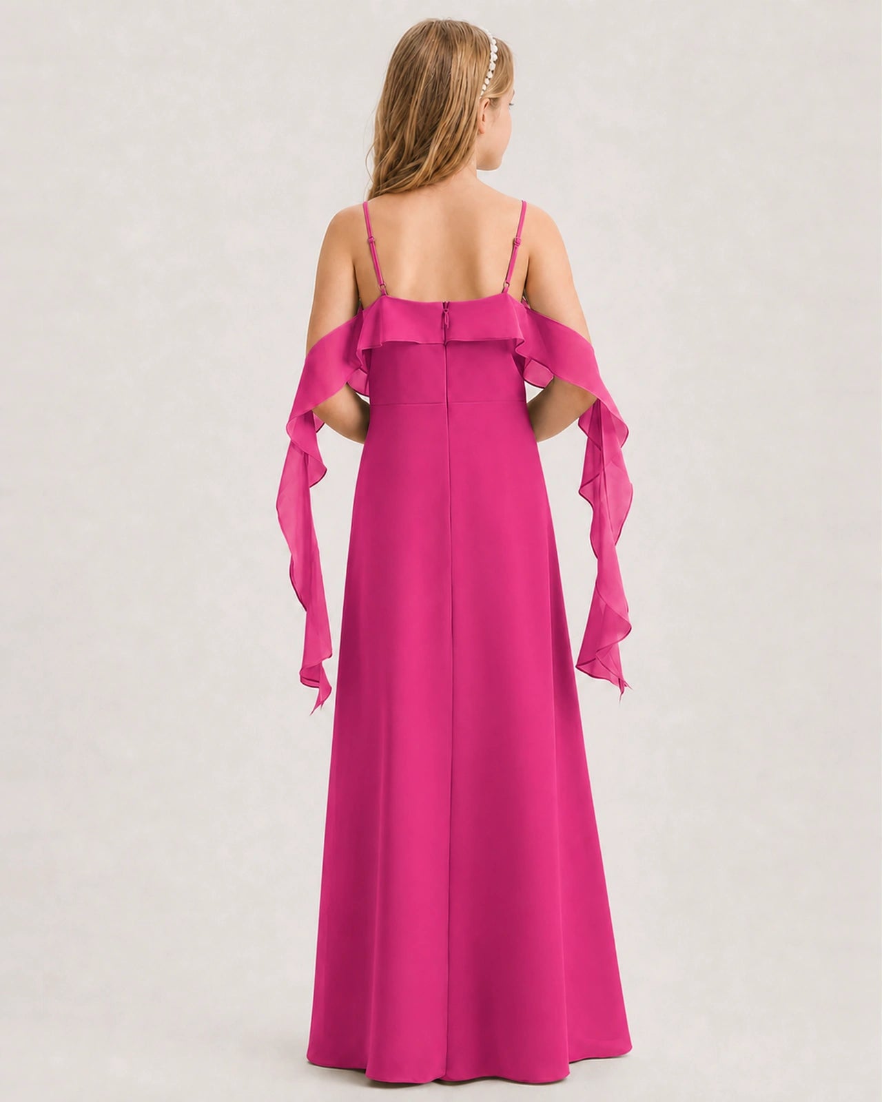 Hot Pink Junior Bridesmaid Dress Cold-Shoulder Ruffle Asymmetric Draped Slit Chiffon A-Line Gown Back Full View