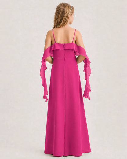 Hot Pink Junior Bridesmaid Dress Cold-Shoulder Ruffle Asymmetric Draped Slit Chiffon A-Line Gown Back Full View